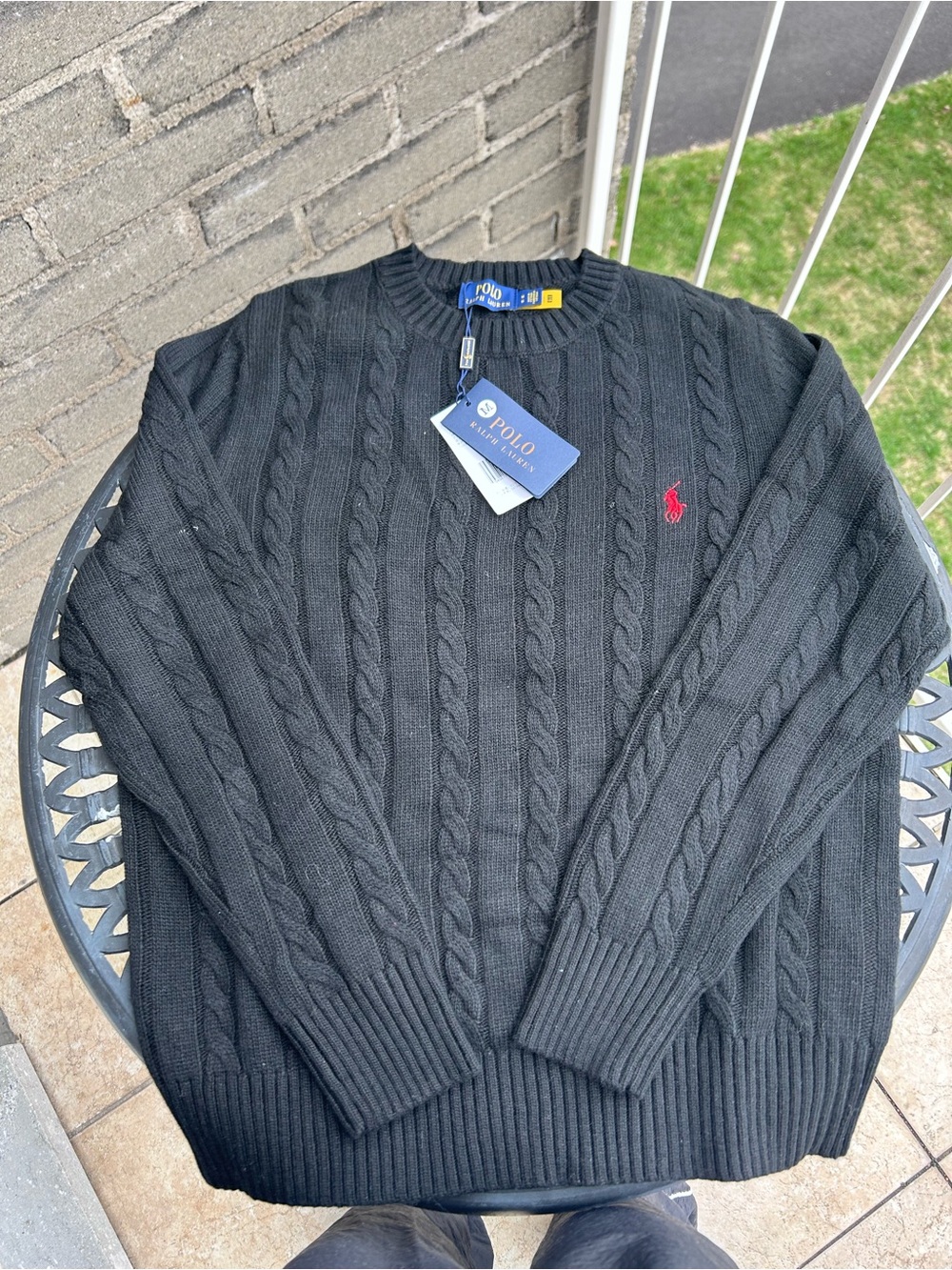 Ralph Lauren Black Cable-Knit Crewneck Sweater with Red Pony